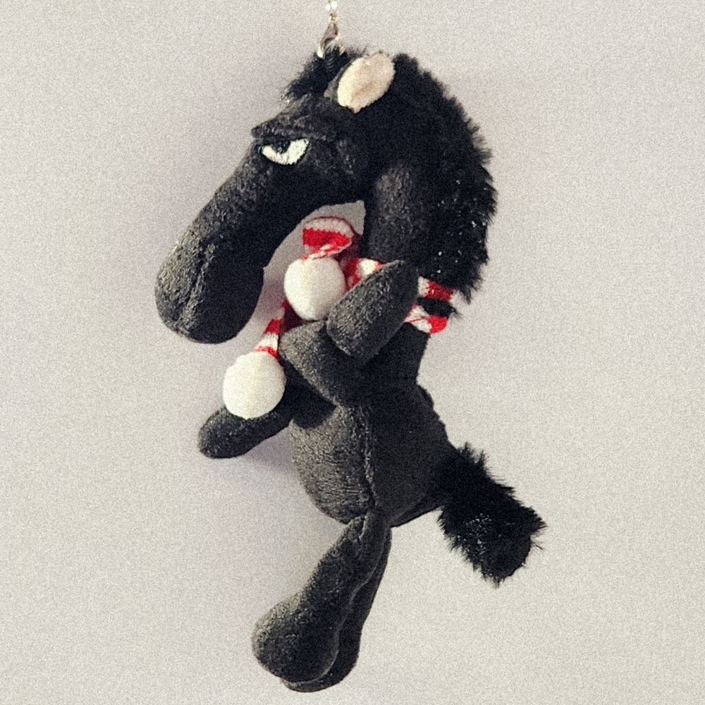 Black Plush Horse Keychain Grumpy Face Red White Striped Scarf Bag Charm 5.5in